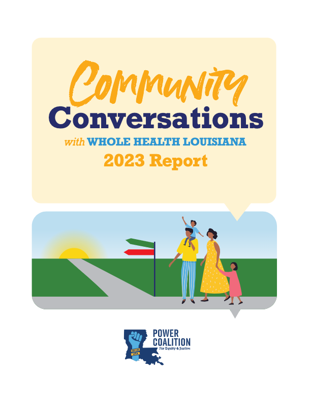Cover of the Community Conversations 2023 Report that shows an illustration of a black family walking down a road with a road sign and a fork.  The father has a child on his shoulders and the mother is holding a childs hand.  One fork of the road leads to a sunset.